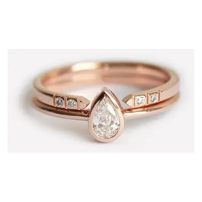 Pear Diamond Ring Set With Matching Open Diamond Band - 18k white gold
