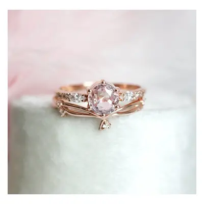 Round Peach Sapphire And Diamond Engagement Ring Set - 14k rose gold