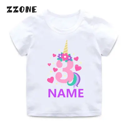 Custom Name Birthday T shirt Cute Unicorn Number 1-10 Cartoon Girls T-shirt Summer Baby Children