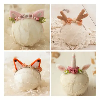 Cute Wool Felt Animal Ear Headdress Deer Bear Kitten Unicorn Flower Hat Newborn Photography Acce