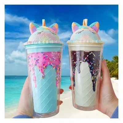 Double Layer Unicorn Drinking Cup with Straw, Creative Ice Cream Design, Cute Plastic Water Bott