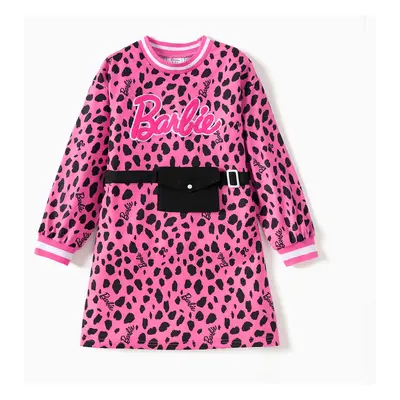 Barbie Kid Girl Leopard Print/Colorblock Waist Bag Design Sweatshirt Dress