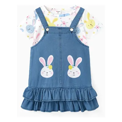 Sweet 2pcs Toddler Girl Dress Set with Ruffle Edge and Cute Rabbit Print