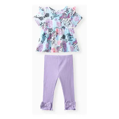 Baby Girl 2pcs Sweet Unicorn Pattern Ruffled Top and Leggings Set