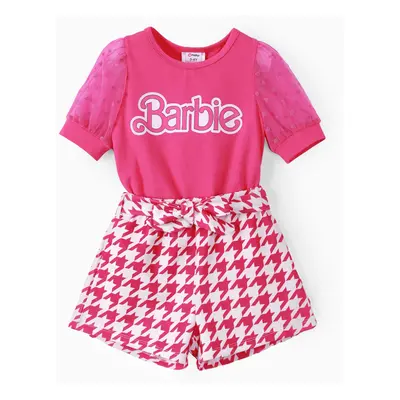 Barbie 2pcs Toddler/Kids Girls Checkered/Plaid Puff-sleeve Bowknot Set