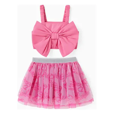 Barbie 2pcs Toddler Girl Bow Twist Top and Allover Logo Print Skirt Set