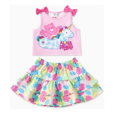 Care Bears Toddler Girls 2pcs Bowknot Unicorn Print Tank Top with Summer Vibe Floral Print Ruffl