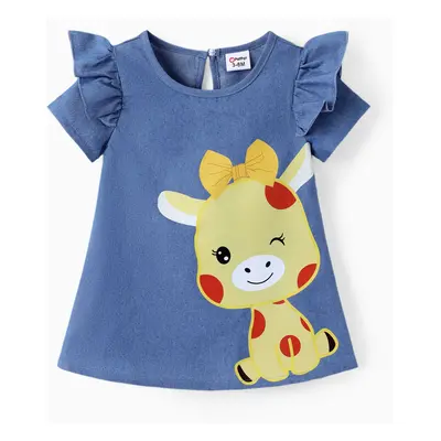 Baby Girl Cute Cat Print Ruffled Short-sleeve Dress