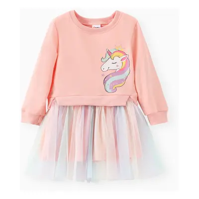 Toddler Girl Sweet Faux-two Unicorn Print Mesh Splice Fairy Dress