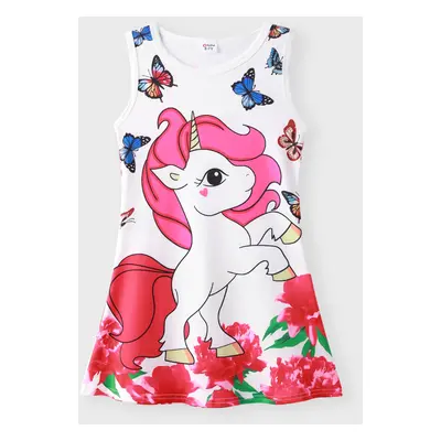 Kid Girl Pretty Unicorn and Flower Print Sleeveless Dress