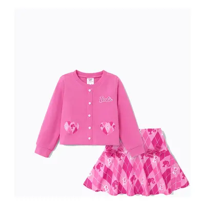 Barbie Kid Girl 2pcs Heart Print Corduroy Top and Plaid Skirt Set