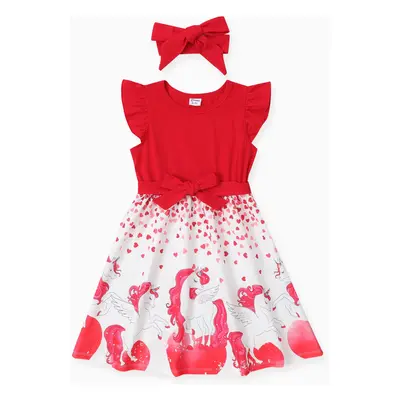 Kid Girl Valentine's Day 2pcs Unicorn Print Flutter Sleeve Dress with Headband