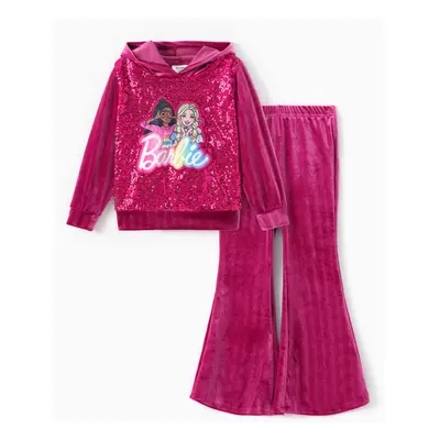 Barbie Clothing Toddler/Kid Girl 2pcs Character Embroidered Sequin Velvet Hooded Top And Flared 