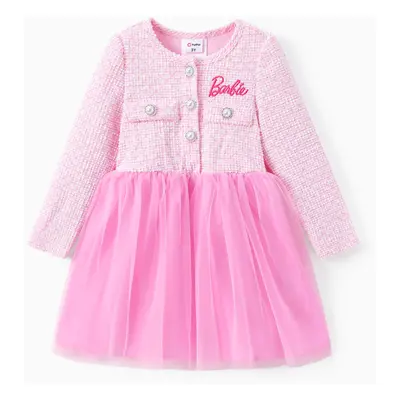 Barbie Dresses Toddler/Kid Girl 1pc Logo Embroidered Pearl Button Long-sleeve Tulle